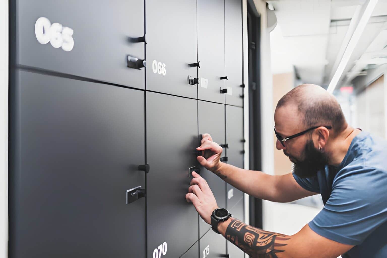 Adult man opening his locker at modern coworking