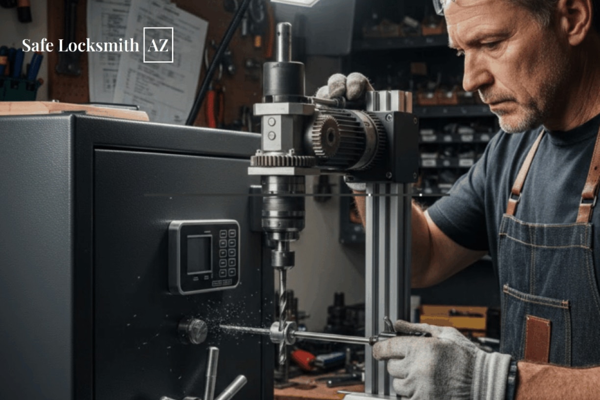 Locksmith working on a safe with drill.