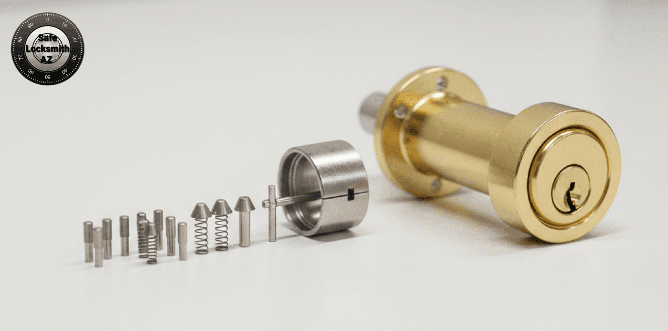 Disassembled lock cylinder with pins and springs.