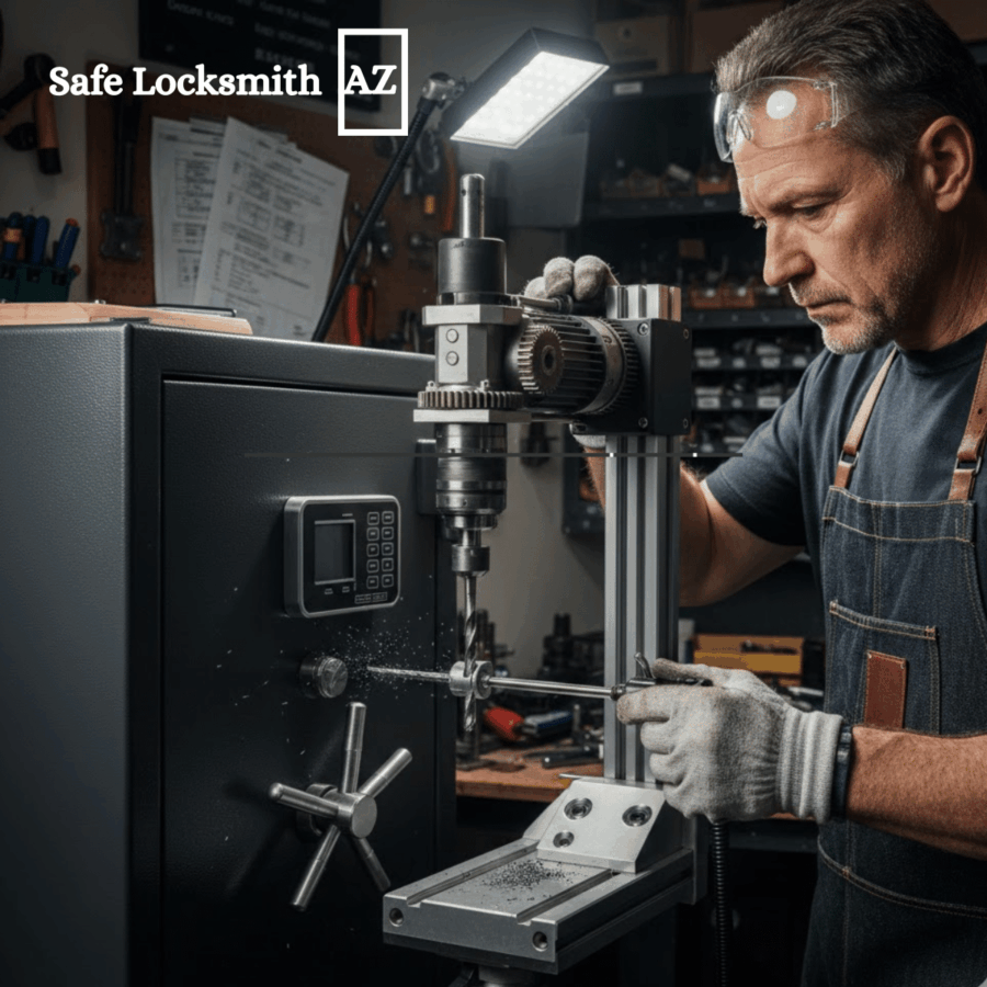 Locksmith working on a safe with drill.