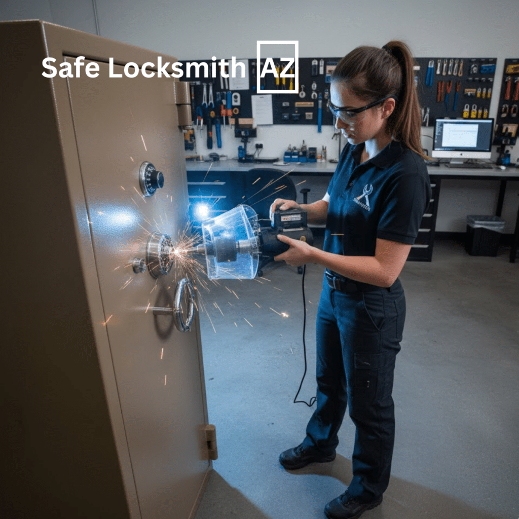 Internal view of a gun safe door showing the complex bolt work and relocking mechanisms