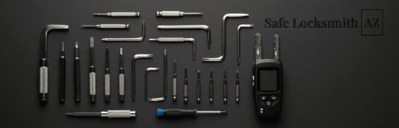 A professional locksmith examining a door lock cylinder for repair