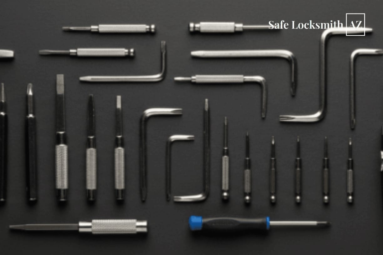 A professional locksmith examining a door lock cylinder for repair