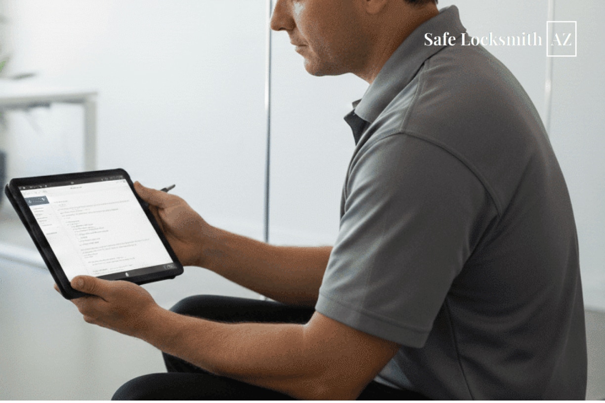 Modern smart lock installed on wooden door.