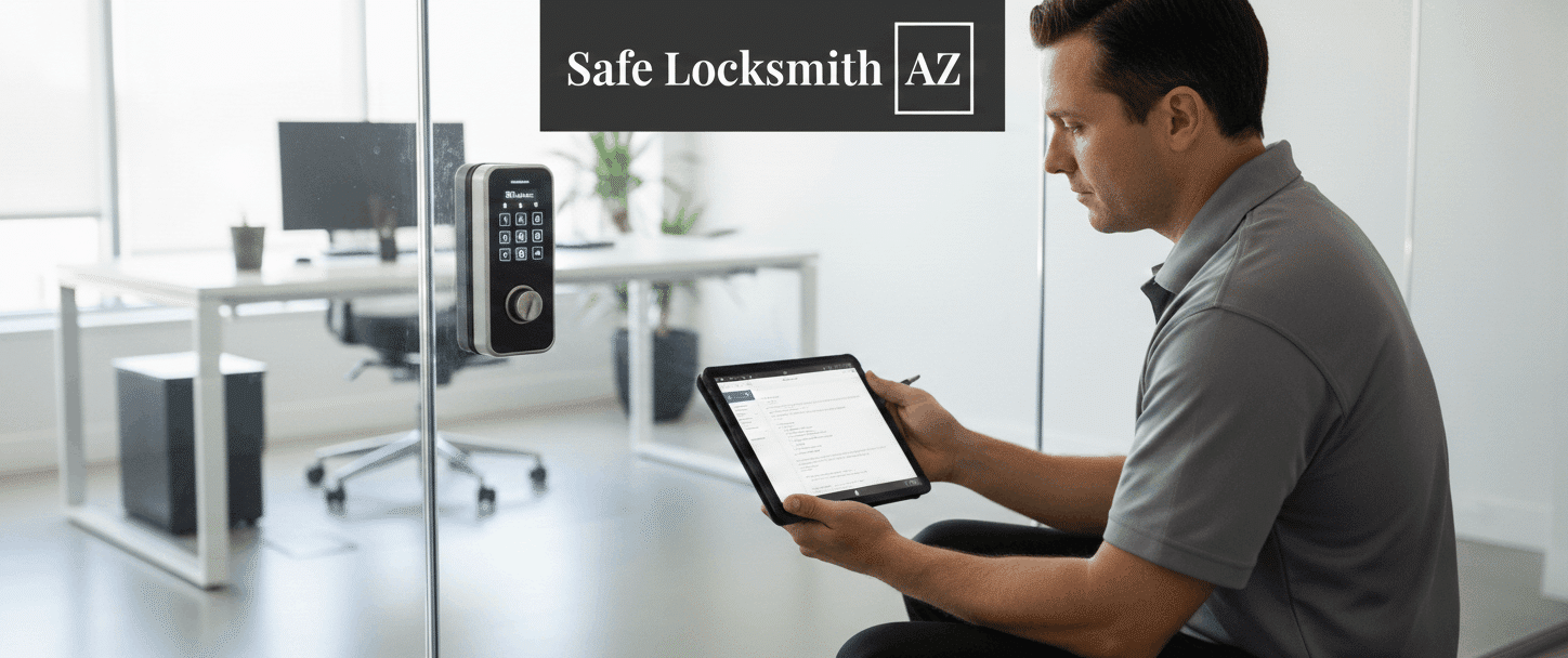 Modern smart lock installed on wooden door.