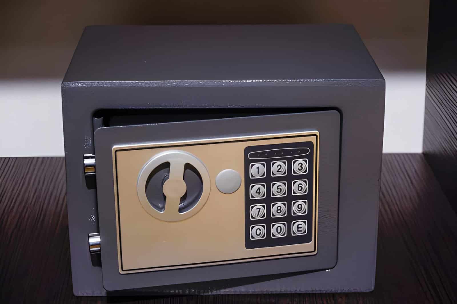 A hotel safe in a hotel room.