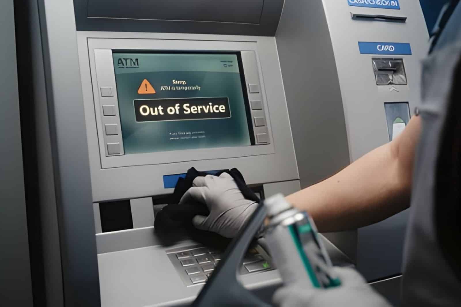 Cleaner Wiping Vandalized ATM Screen with Rag, Removing Graffiti, Scribbled Tags from Automated Teller Machine, (1)