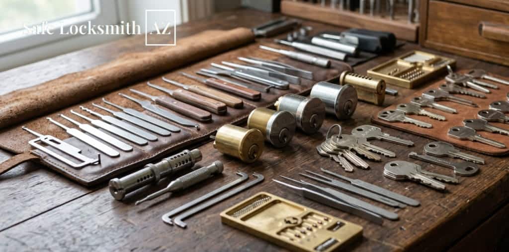 Professional locksmith tools and key cylinders.