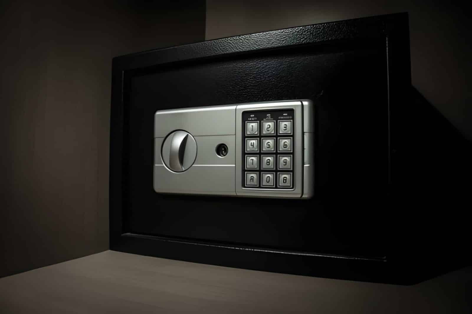 Small modern safe on shelf in dark. Small safe box close up in low key light (1)