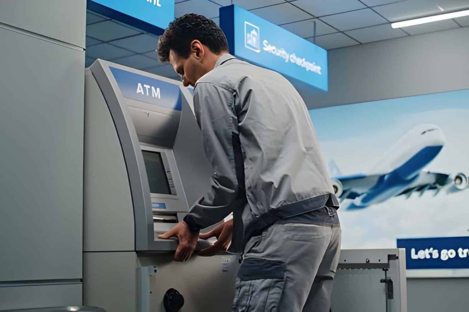 Technician Servicing ATM Machine in Modern Airport Terminal. (1)