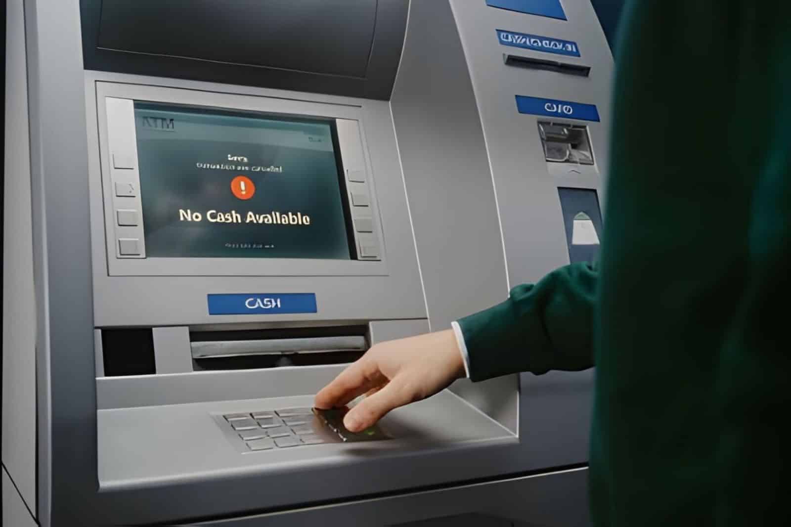 Unrecognizable Person Entering PIN Code on ATM Keypad to Withdraw Money. Error Message on Cash Machine Display About Transaction (1)