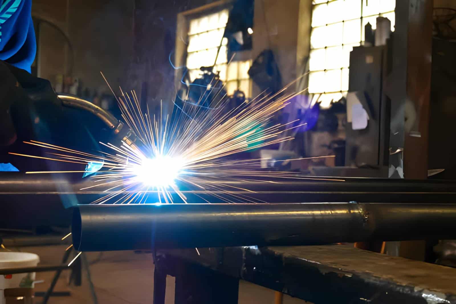 Worker Welds Iron Pipe in the Workroom.